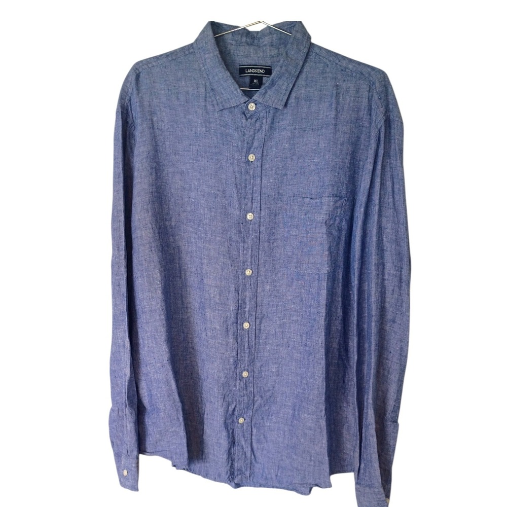 Lands End Mens XL Blue 100% Linen Long Sleeve‎ Button Down Shirt Traditional Fit